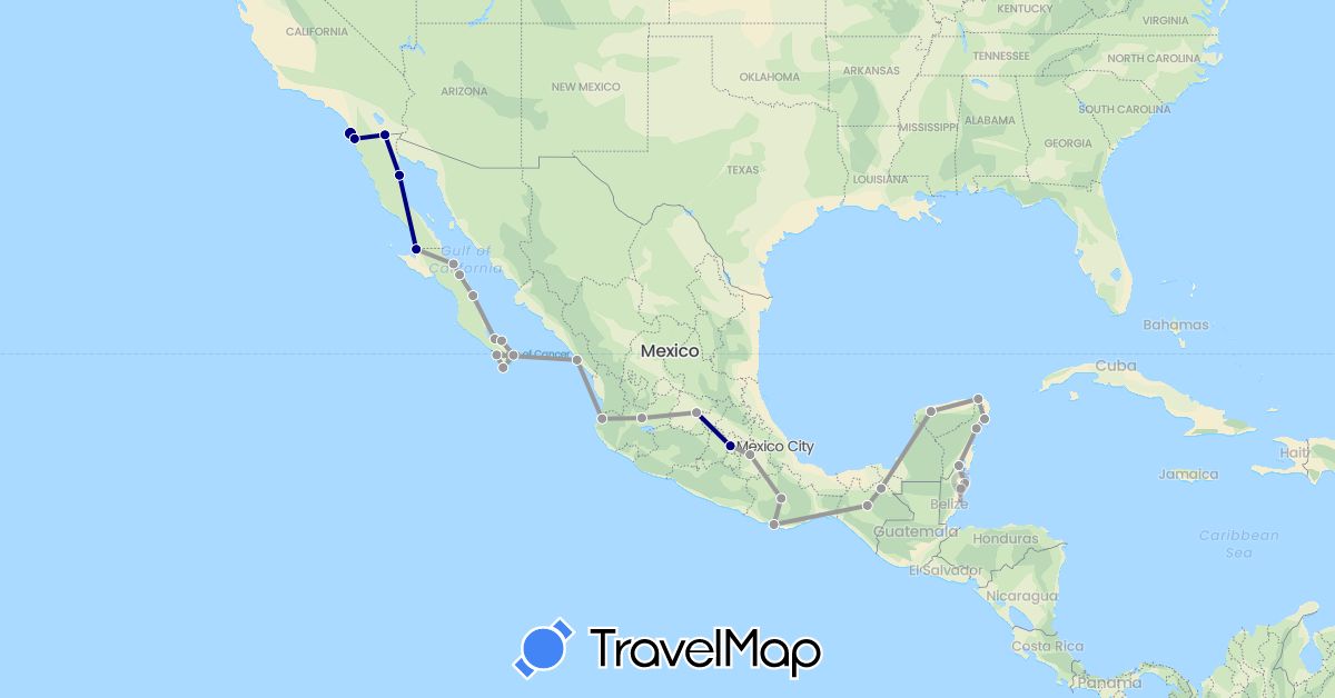 TravelMap itinerary: driving, plane in Belize, Mexico, United States (North America)